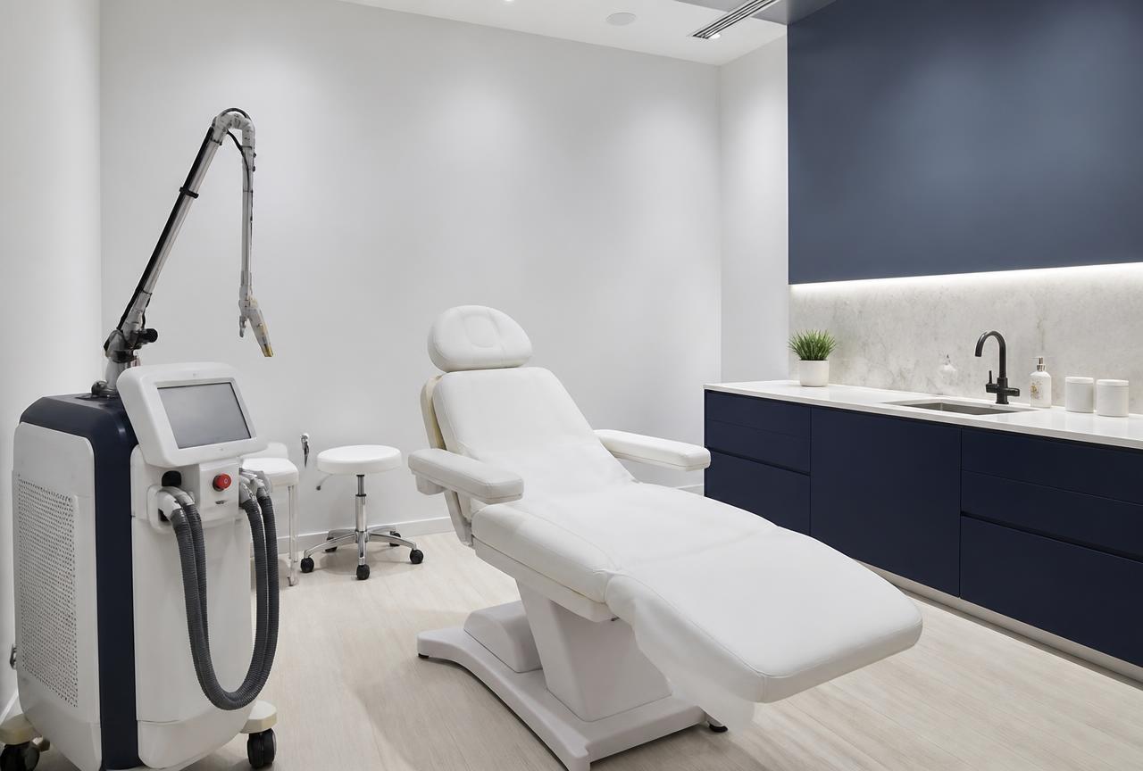 ห้องทรีตเมนต์ของแพนคลินิก โทนขาว-น้ำเงิน พร้อมเตียงตรวจและเครื่องเลเซอร์